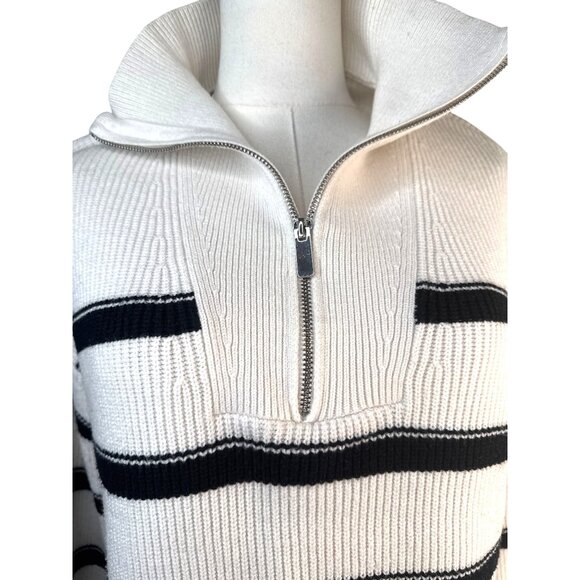 Laundry By Shelli Segal Medium Striped Half-Zip Ribbed Sweater White & Black - Picture 10 of 15